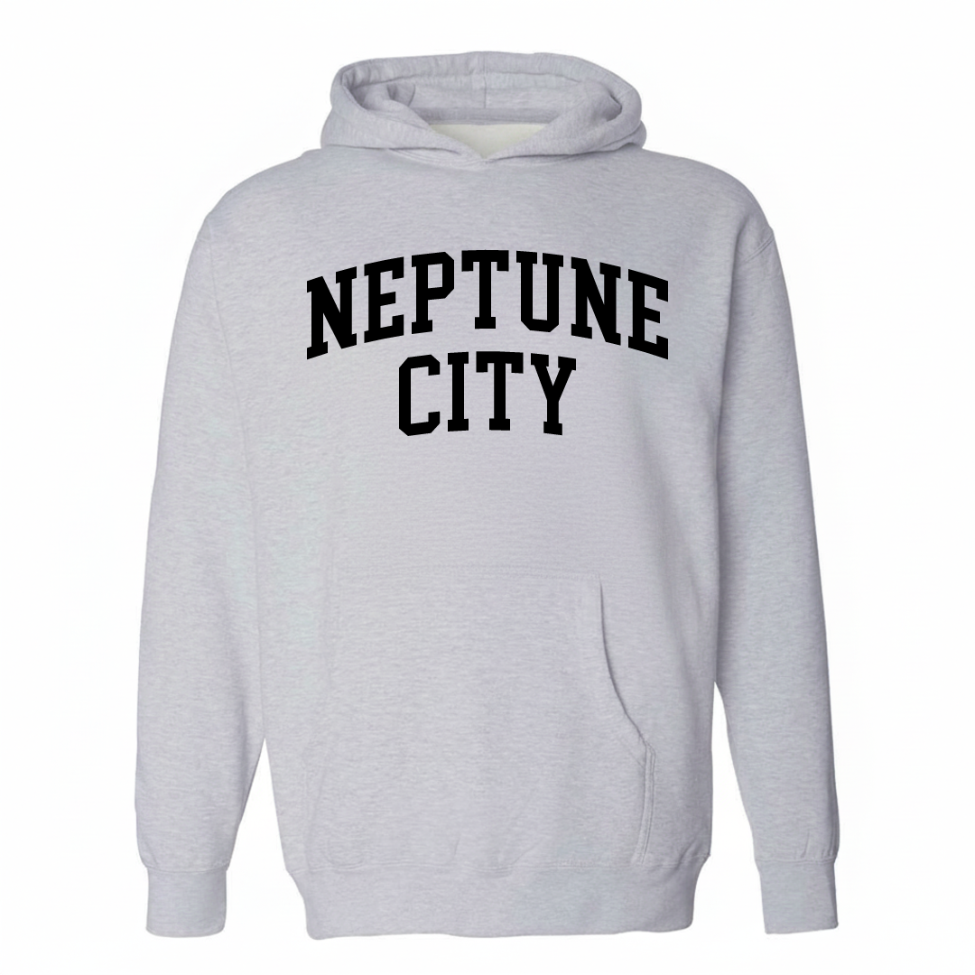 Heather-gray hoodie with the Neptune City varsity arched lettering design on the chest.