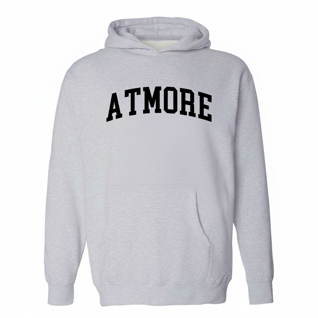 Heather-gray hoodie with the Atmore arched lettering varsity-collegiate design on the chest.