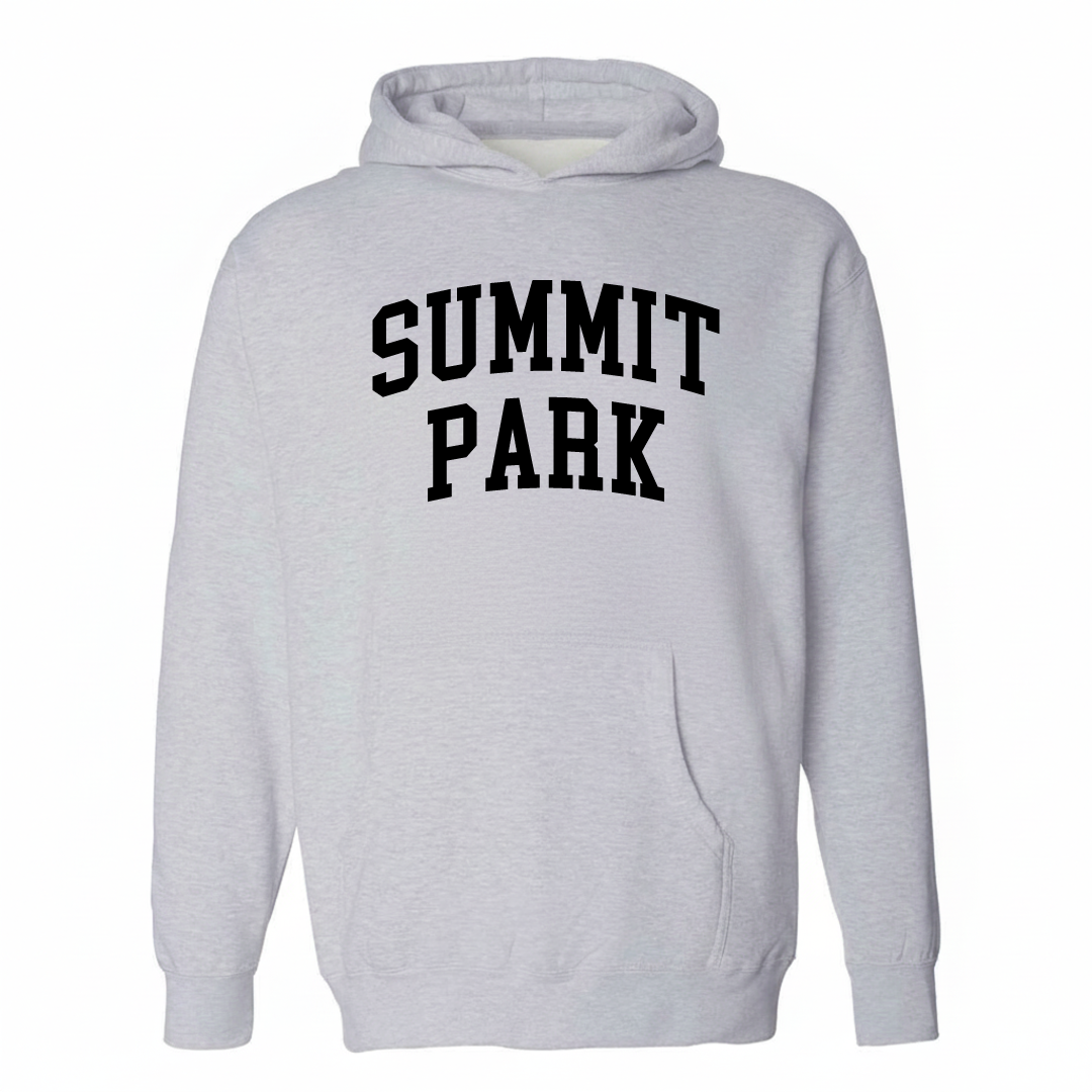 Heather-gray hoodie with the Summit Park arched varsity lettering design on the chest.