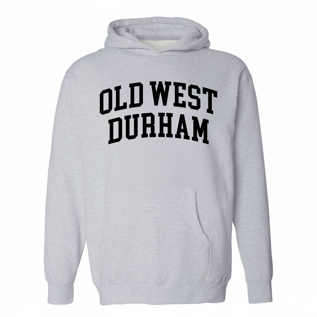 Heather-gray hoodie with the Old West Durham arched collegiate lettering design on the chest.