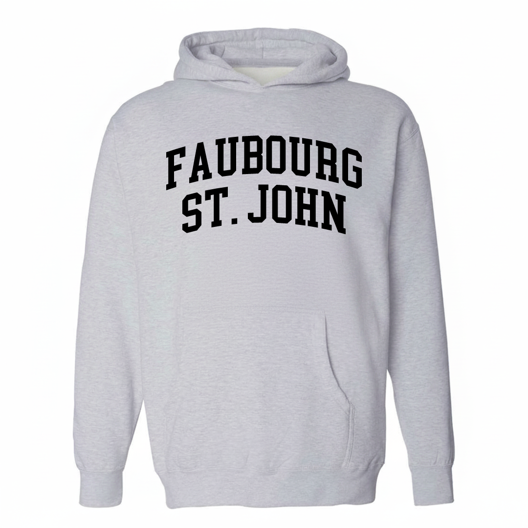 Heather-gray hoodie with the Faubourg St. John varsity arched lettering design on the chest.