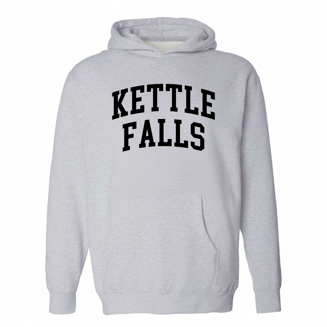 Heather-gray hoodie with the Kettle Falls arched lettering design on the chest.