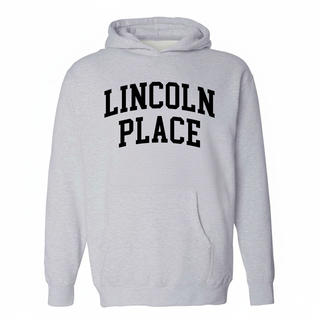 Heather-gray hoodie with the Lincoln Place varsity arched lettering design on the chest.