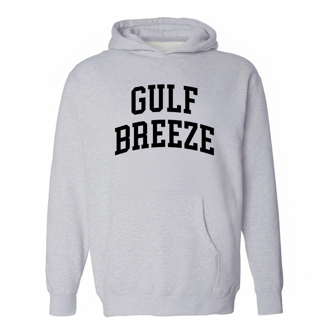 Heather-gray hoodie with the Gulf Breeze varsity arched lettering design on the chest.