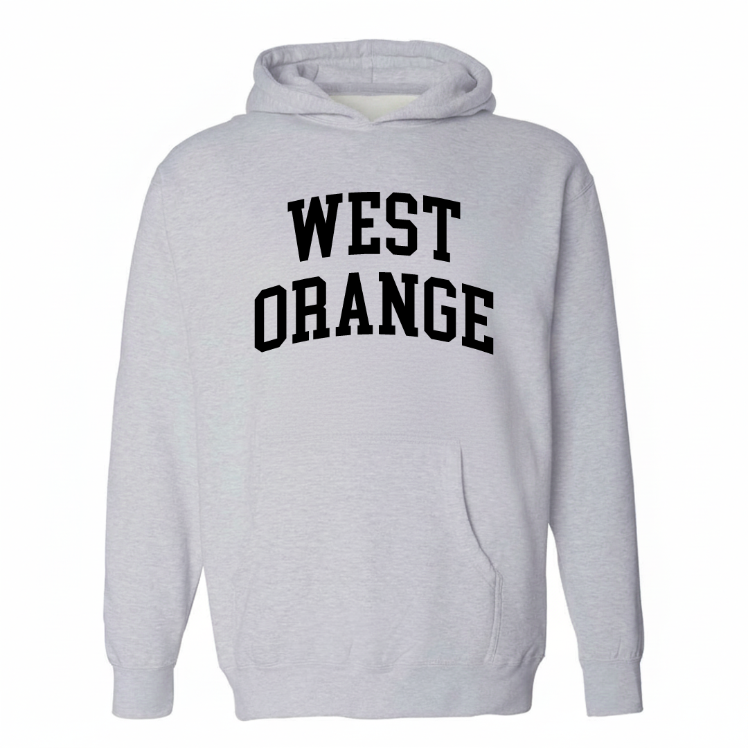 Heather-gray hoodie with the West Orange arched varsity lettering design on the chest.