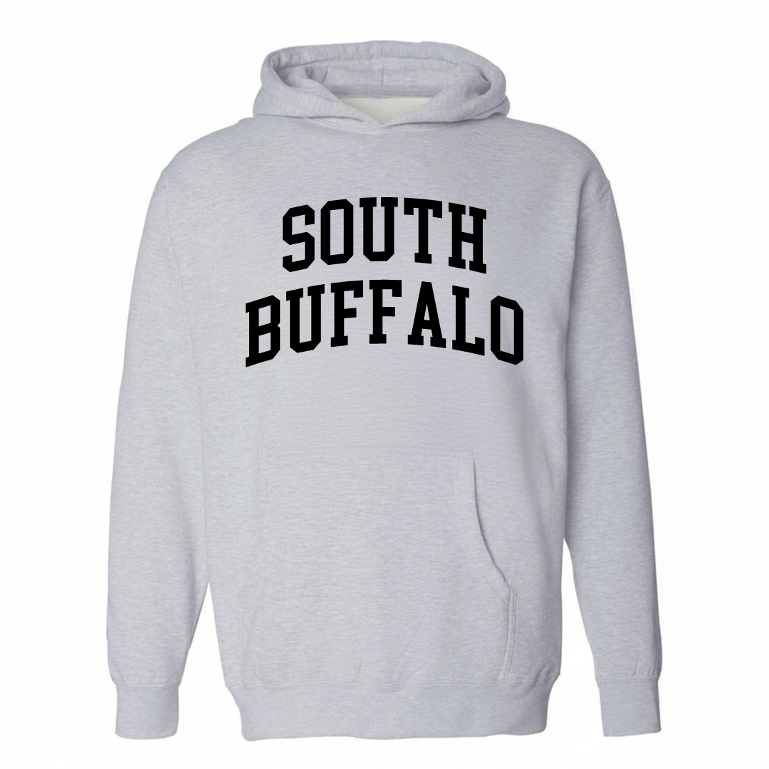 Heather-gray hoodie with the South Buffalo varsity arched lettering design on the chest.