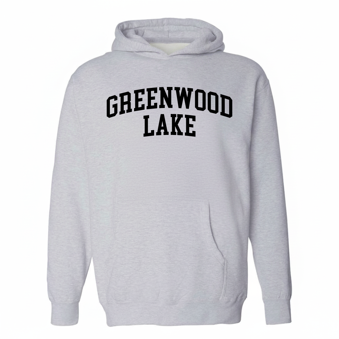 Heather-gray hoodie with the Greenwood Lake varsity arched lettering design on the chest.