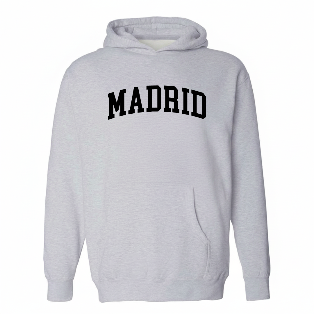 Heather-gray hoodie with the Madrid, NM varsity arched lettering design on the chest.
