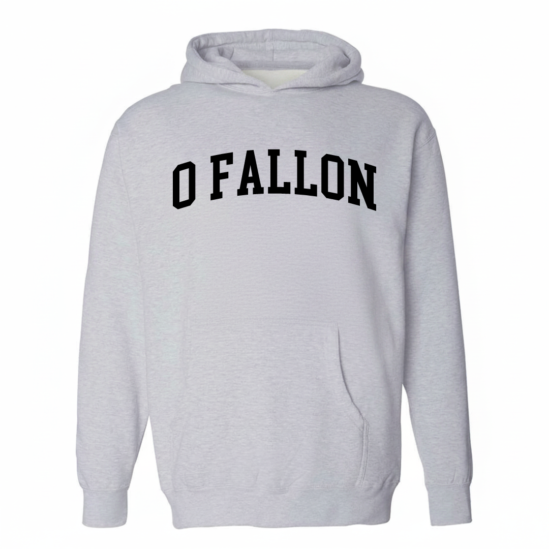 Heather-gray hoodie with the O'Fallon varsity arched lettering design on the chest.