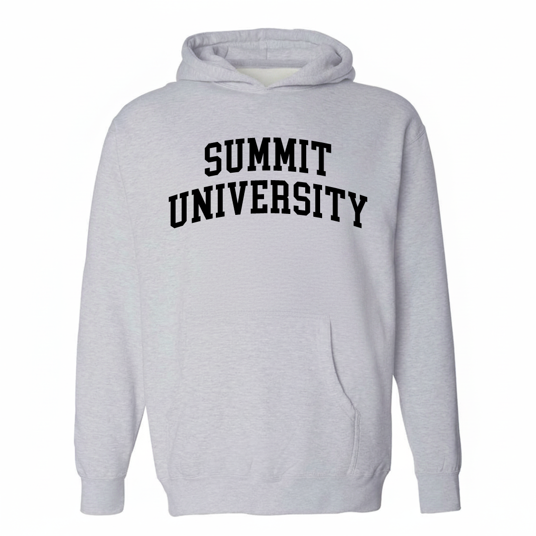 Heather-gray hoodie with the Summit-University arched varsity lettering design on the chest.