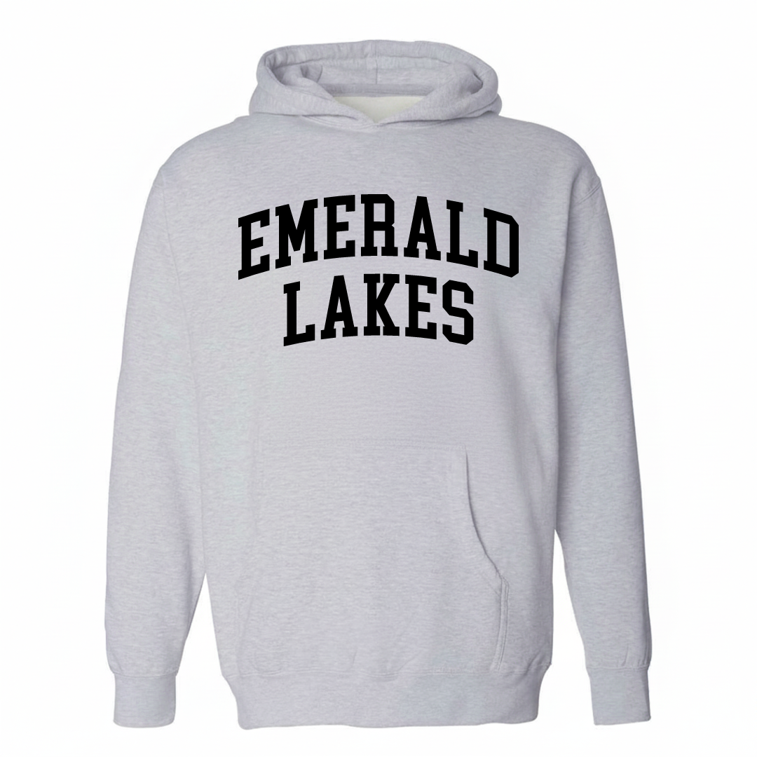 Heather-gray hoodie with the Emerald Lakes varsity arched lettering design on the chest.