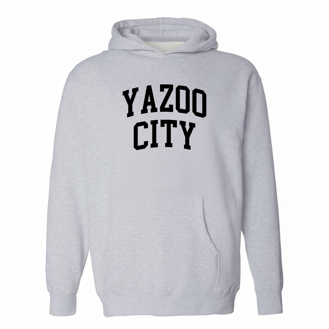 Heather-gray hoodie with the Yazoo City varsity arched lettering design on the chest.