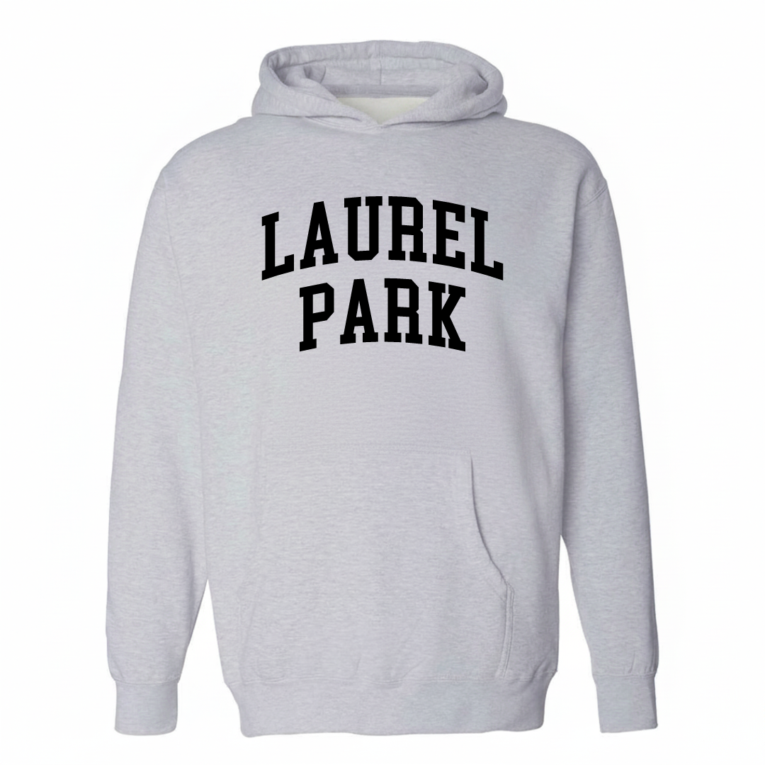 Heather-gray hoodie with the Laurel Park varsity arched lettering design on the chest.