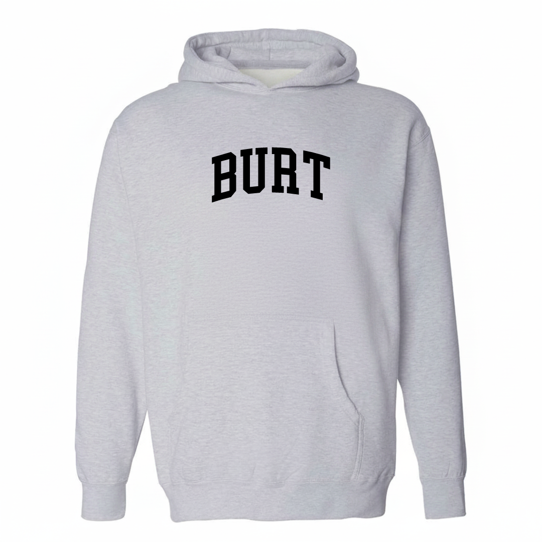 Heather-gray hoodie with the Burt varsity arched lettering design on the chest.