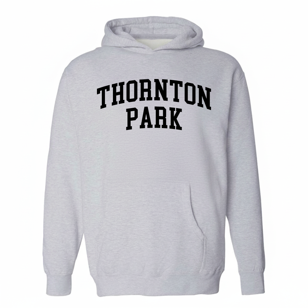 Heather-gray hoodie with the Thornton Park varsity arched lettering design on the chest.
