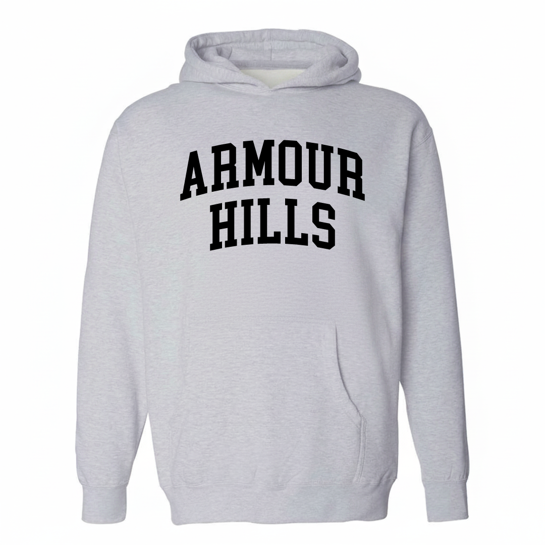 Heather-gray hoodie with the Armour Hills varsity arched lettering design on the chest.