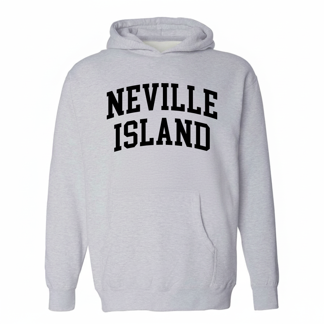 Heather-gray hoodie with the Neville Island varsity arched lettering design on the chest.