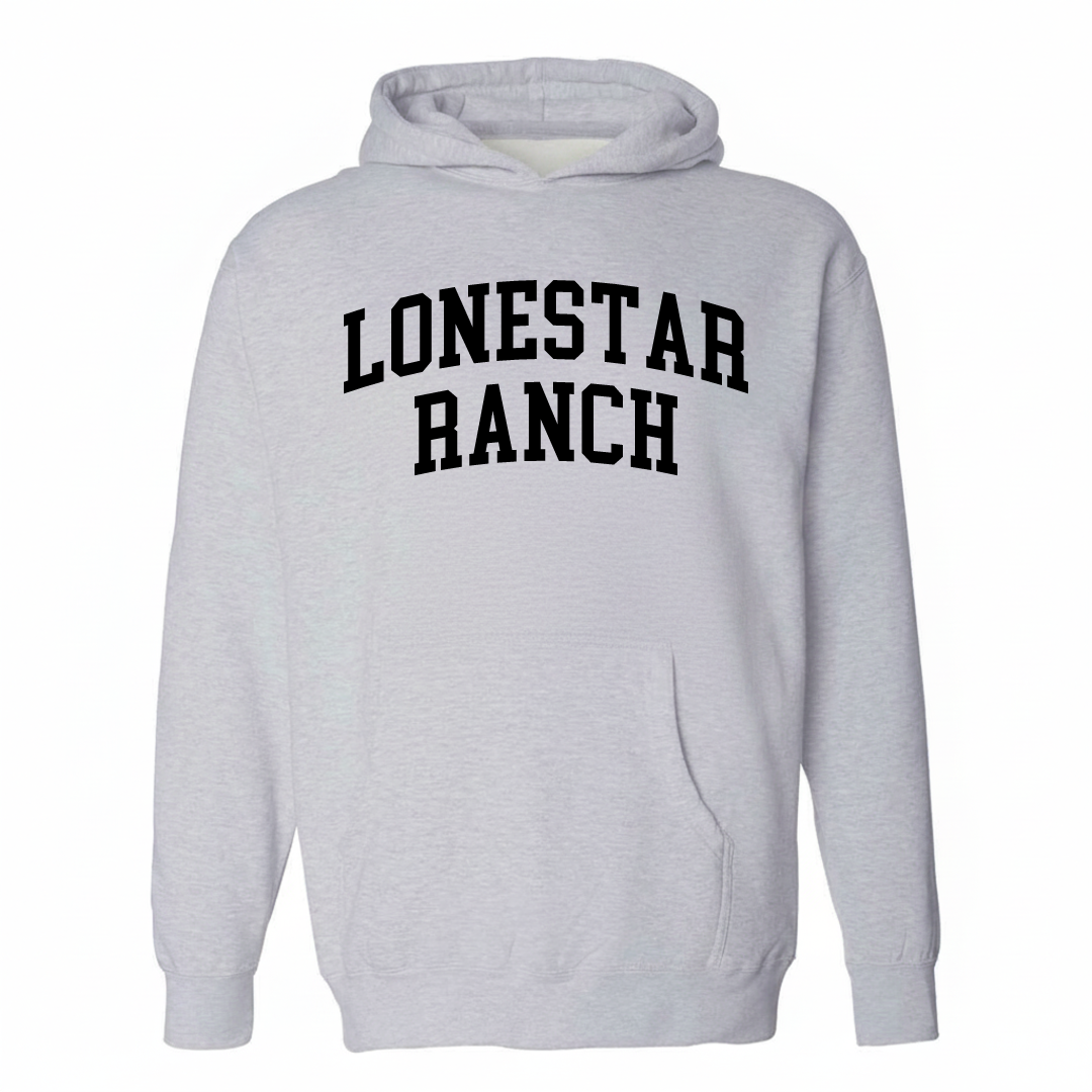 Heather-gray hoodie with the Lonestar Ranch varsity arched lettering design on the chest.