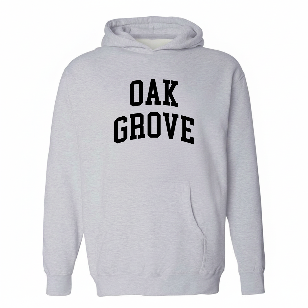Heather-gray hoodie with the Oak Grove arched lettering varsity-collegiate design on the chest.