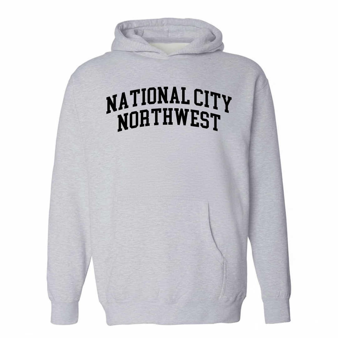 Heather-gray hoodie with the National City Northwest varsity arched lettering design on the chest.