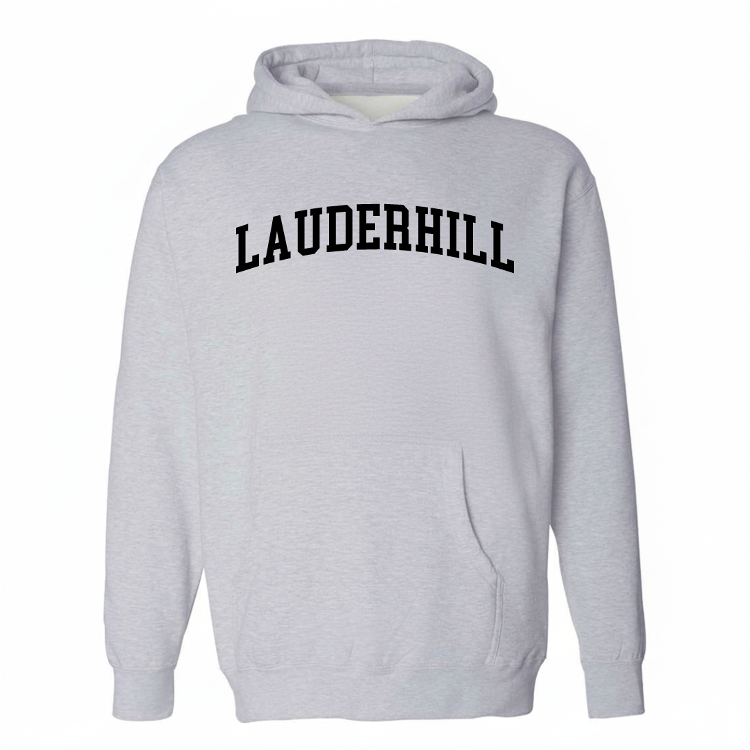 Heather-gray hoodie with the Lauderhill arched lettering varsity-collegiate design on the chest.