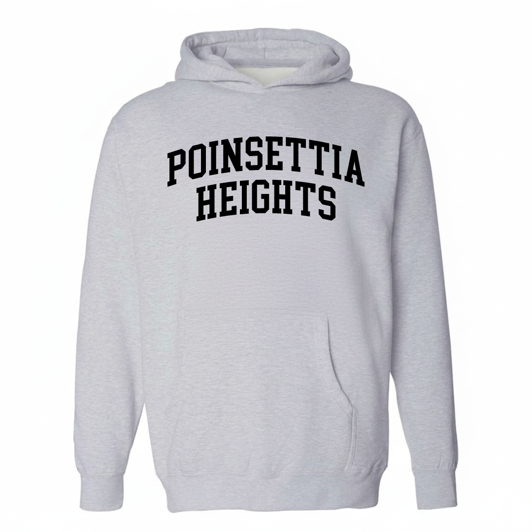 Heather-gray hoodie with the Poinsettia Heights varsity arched lettering design on the chest.