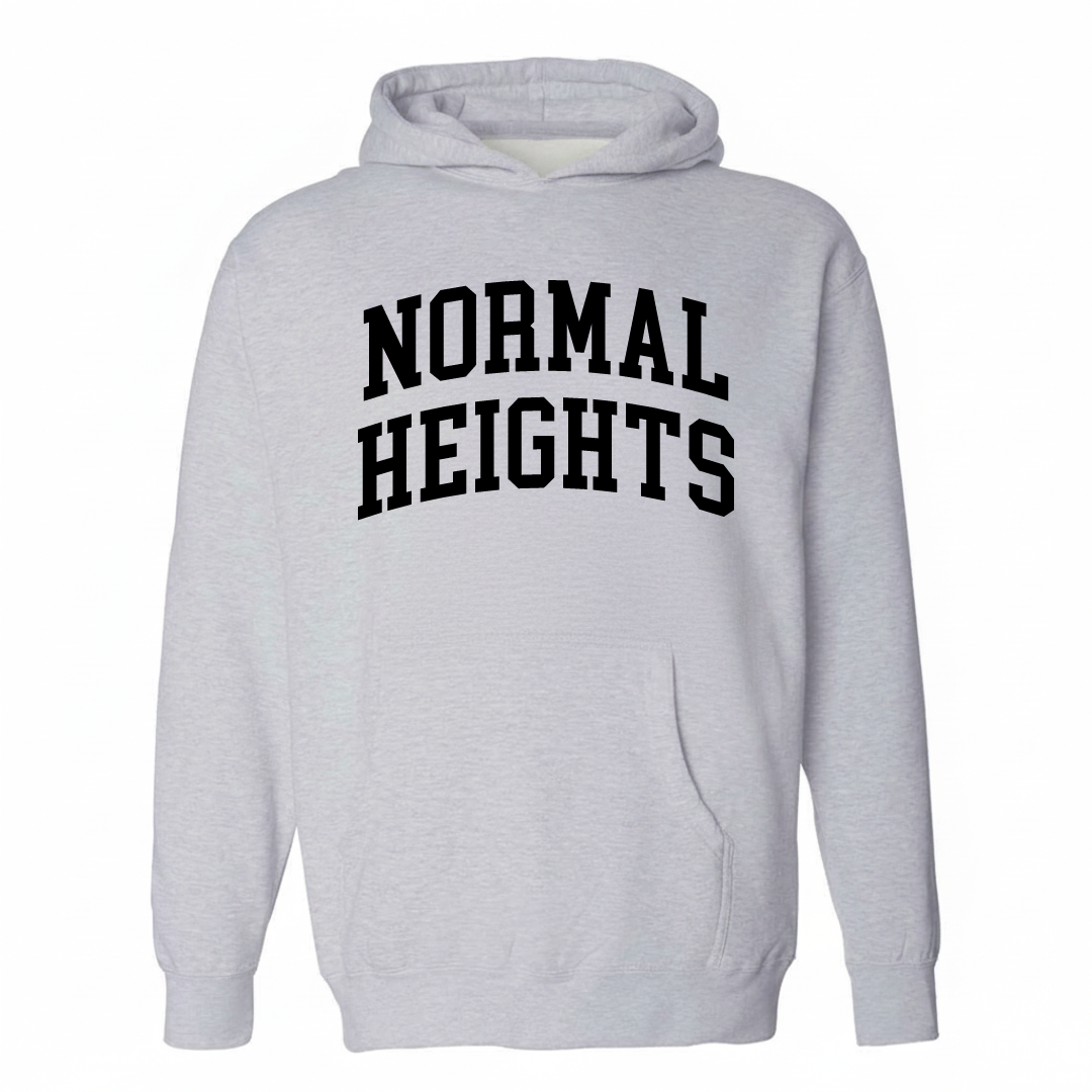 Heather-gray hoodie with the Normal Heights arched lettering design on the chest.