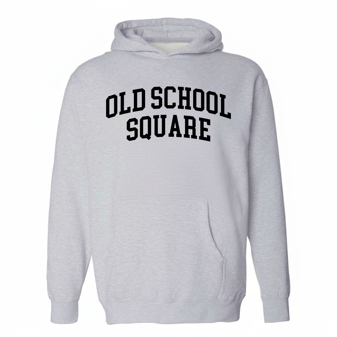 Heather-gray hoodie with the Old School Square arched lettering design on the chest.