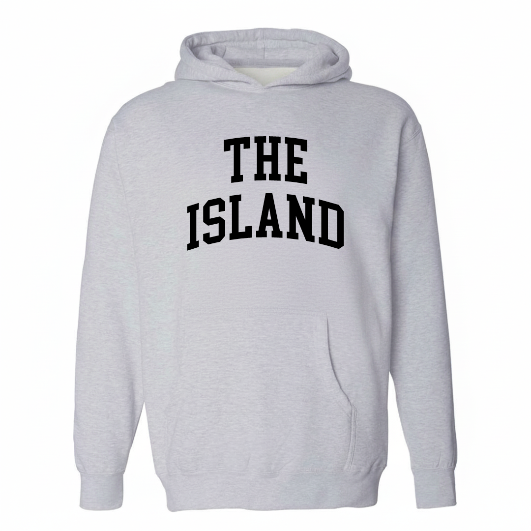 Heather-gray hoodie with The Island Lake Havasu City varsity arched lettering design on the chest.
