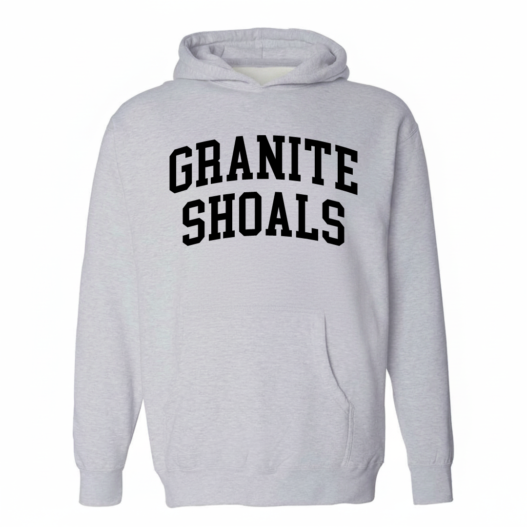 Heather-gray hoodie with the Granite Shoals varsity arched lettering design on the chest.