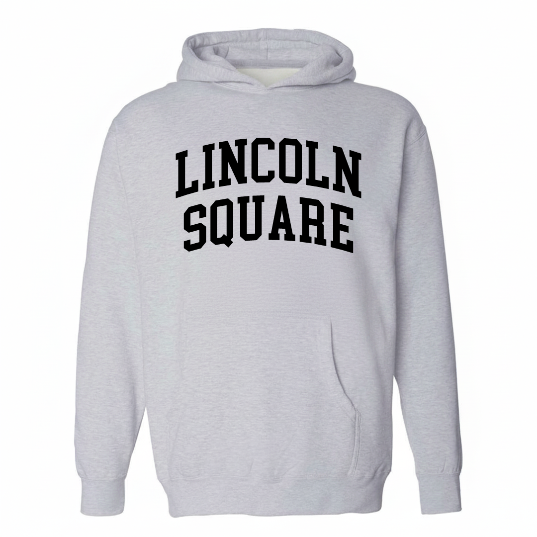 Heather-gray hoodie with the Lincoln Square varsity arched lettering design on the chest.