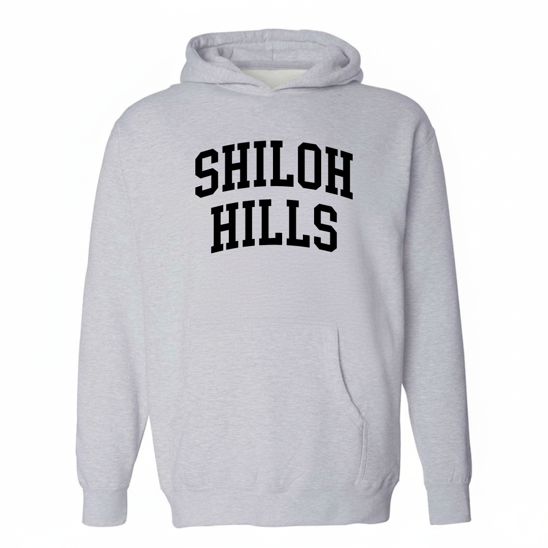 Heather-gray hoodie with the Shiloh Hills varsity arched lettering design on the chest.