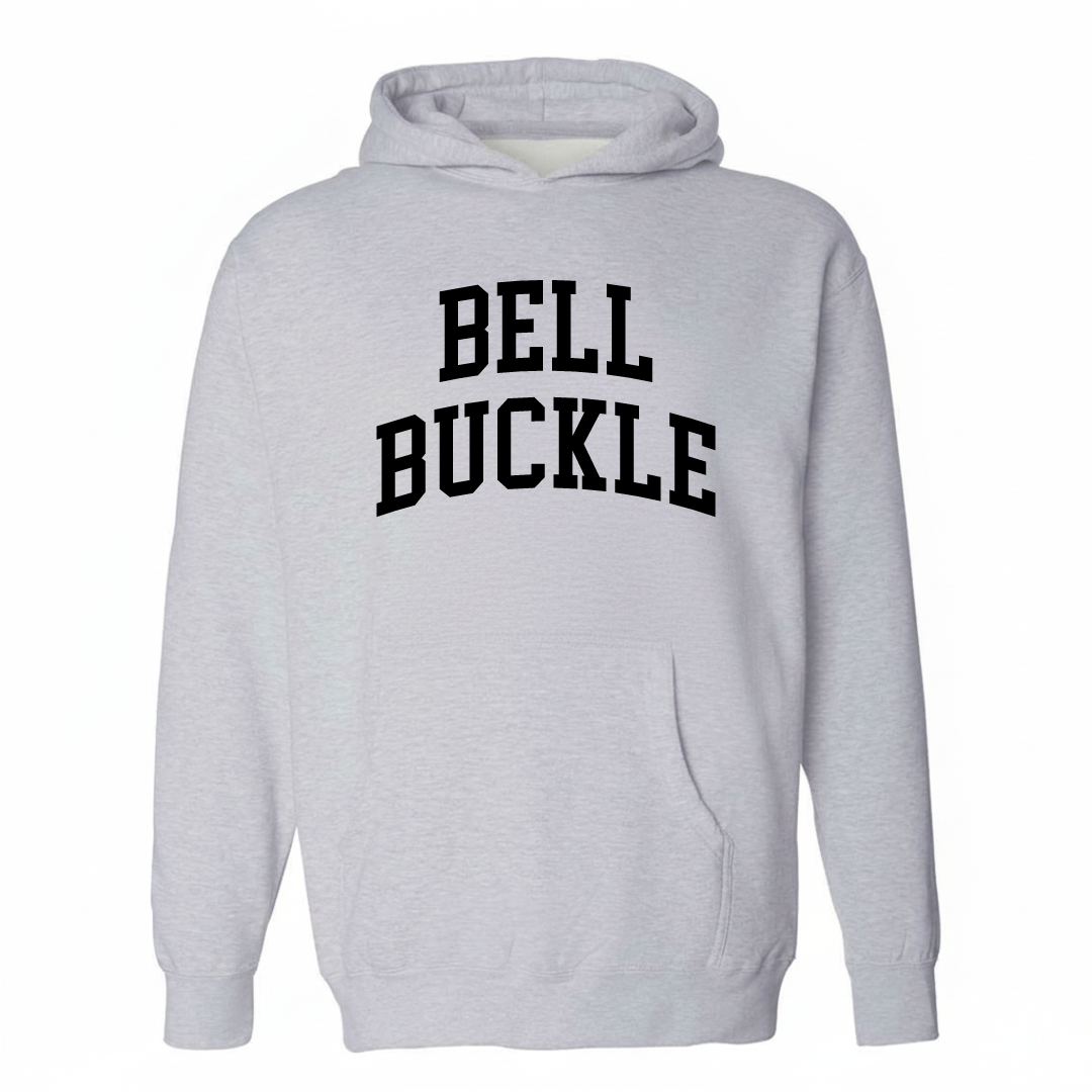 Heather-gray hoodie with the Bell Buckle arched varsity lettering design on the chest.