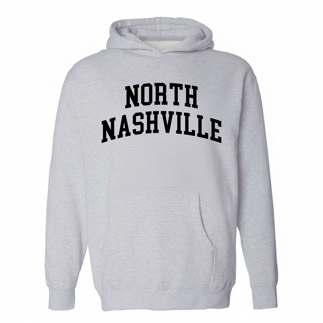 Heather-gray hoodie with the North Nashville varsity arched lettering design on the chest.