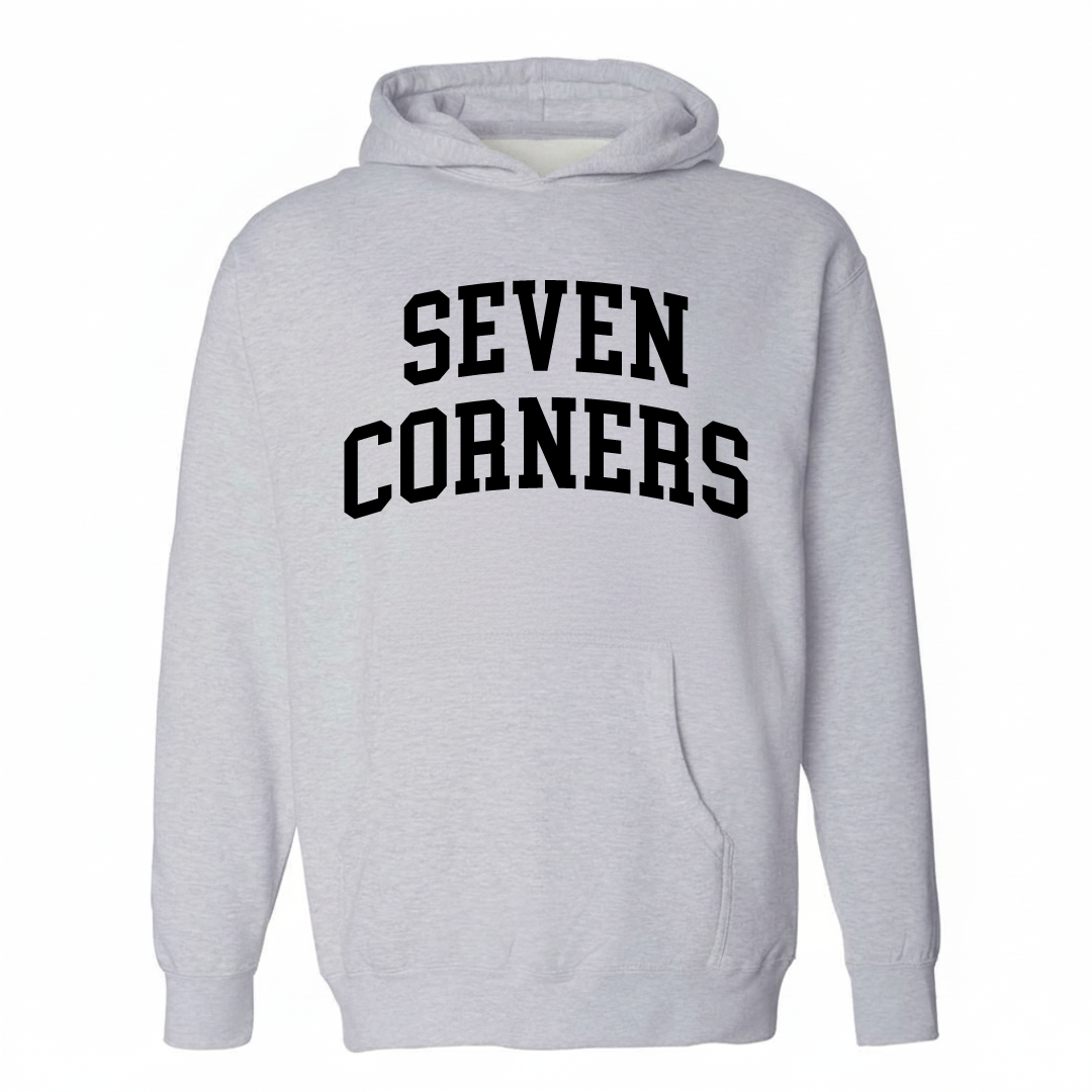 Heather-gray hoodie with the Seven Corners varsity arched lettering design on the chest.