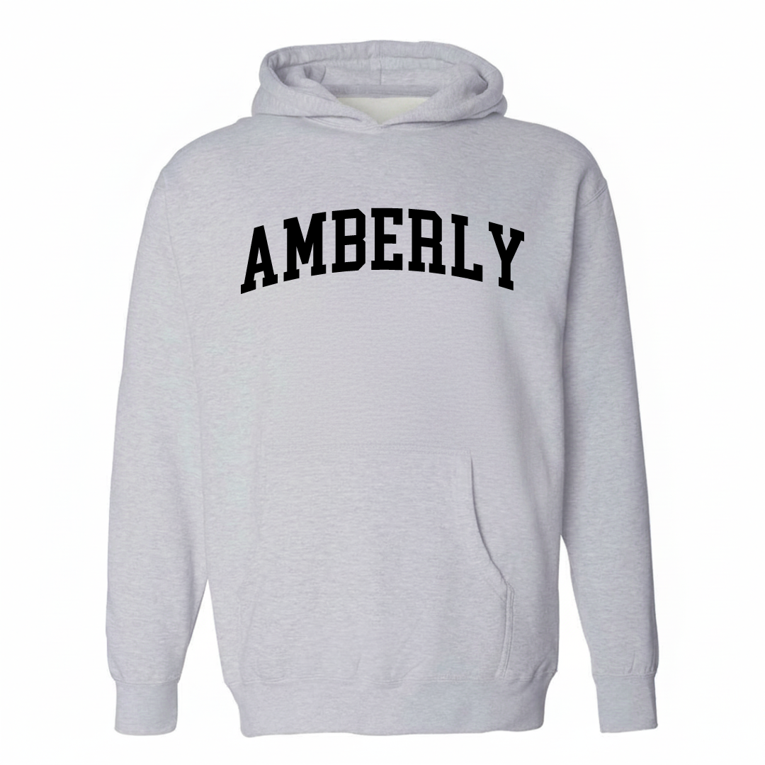 Heather-gray hoodie with the Amberly varsity arched lettering design on the chest.