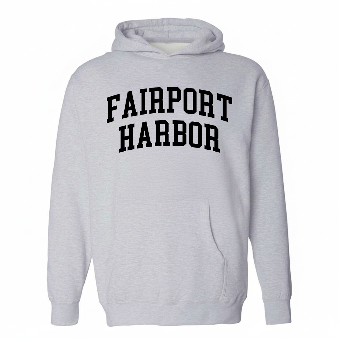 Heather-gray hoodie with the Fairport Harbor varsity arched lettering design on the chest.