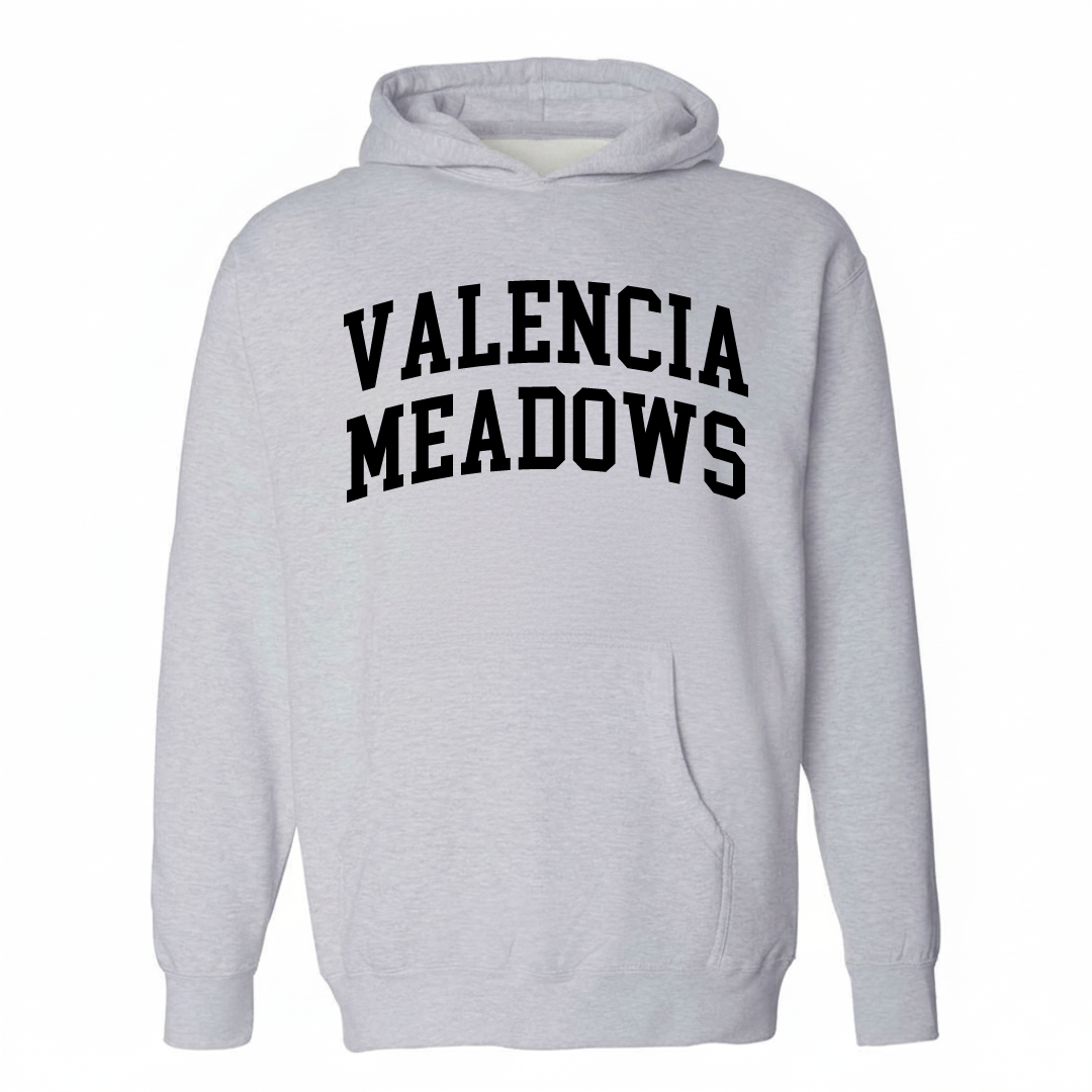 Heather-gray hoodie with the Valencia Meadows varsity arched lettering design on the chest.