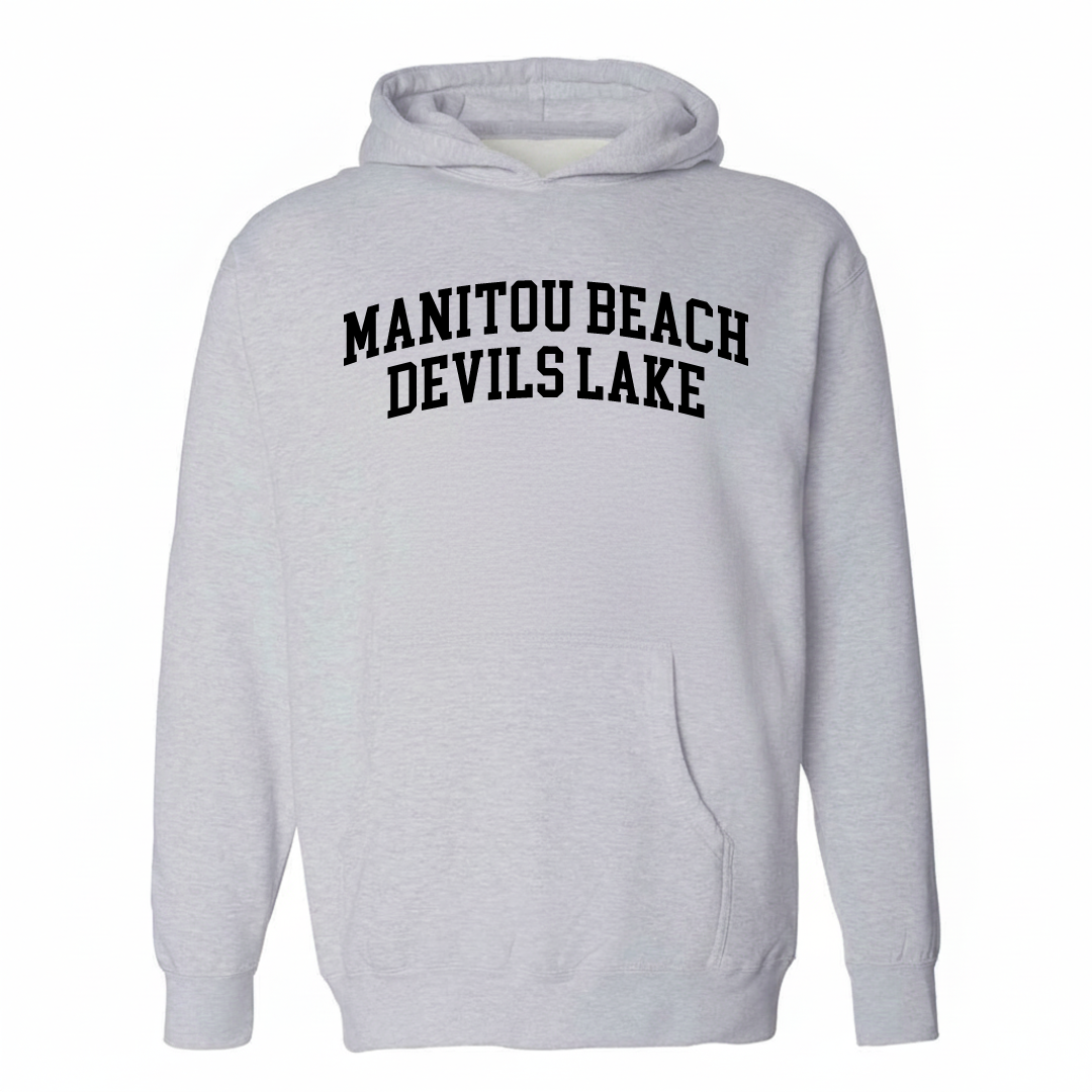 Heather-gray hoodie with the Manitou Beach Devils Lake varsity arched lettering design on the chest.