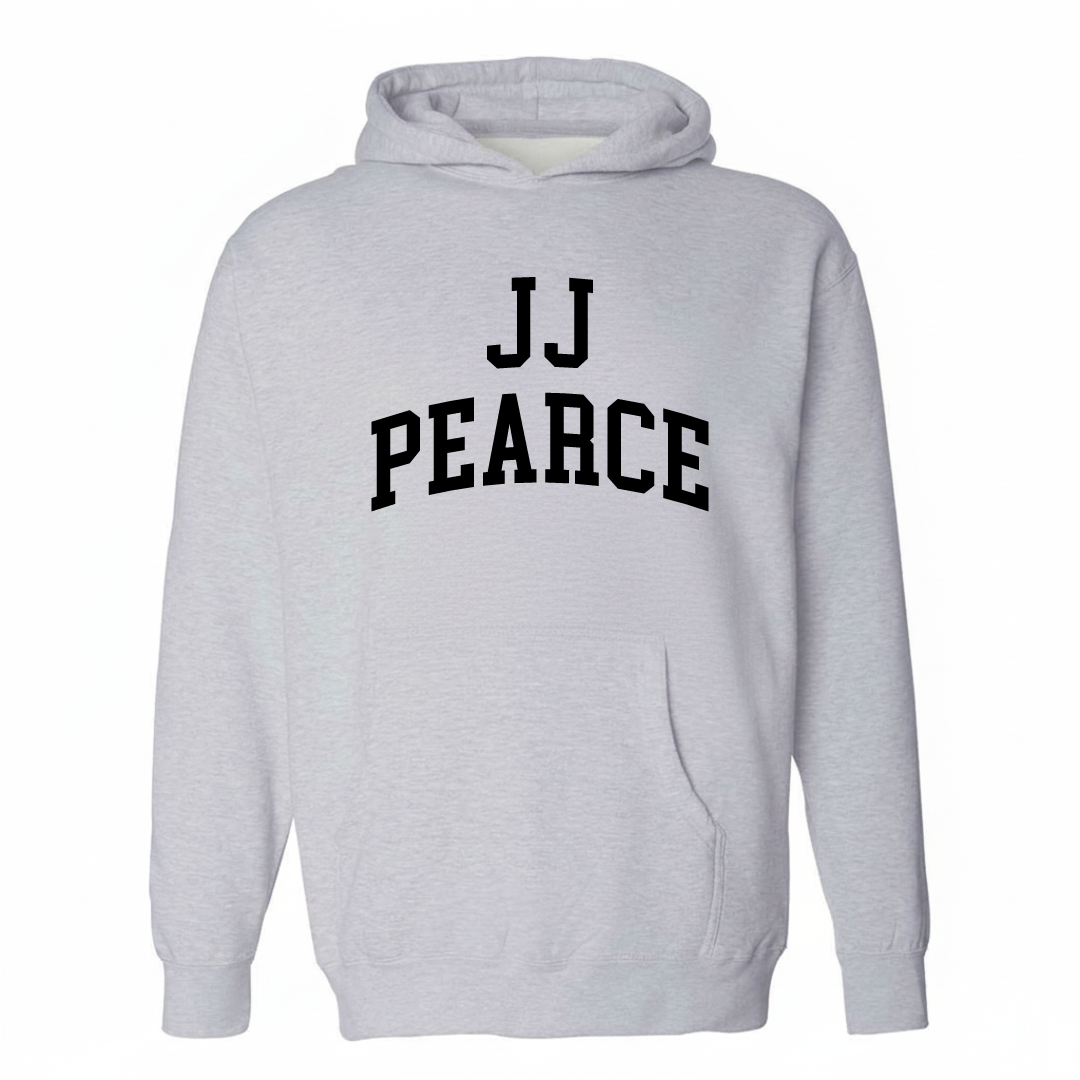 Heather-gray hoodie with the JJ Pearce varsity arched lettering design on the chest.