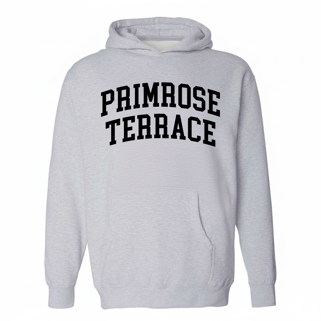 Heather-gray hoodie with the Primrose Terrace arched lettering design on the chest.