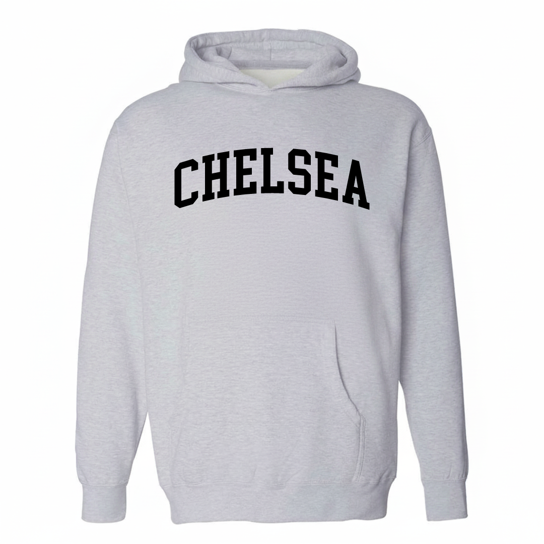 Heather-gray hoodie with the Chelsea arched varsity lettering design on the chest.