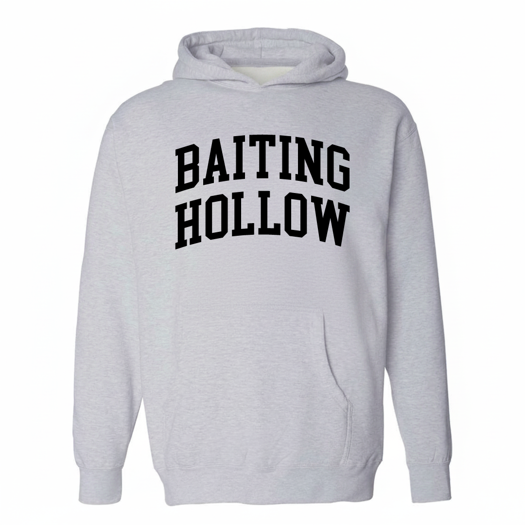 Heather-gray hoodie with the Baiting Hollow varsity arched lettering design on the chest.