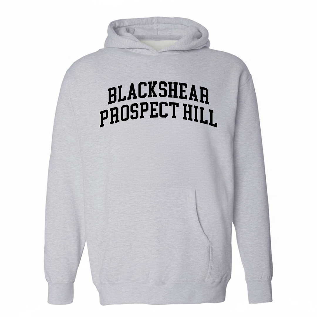 Heather-gray hoodie with the Blackshear-Prospect Hill varsity arched lettering design on the chest.