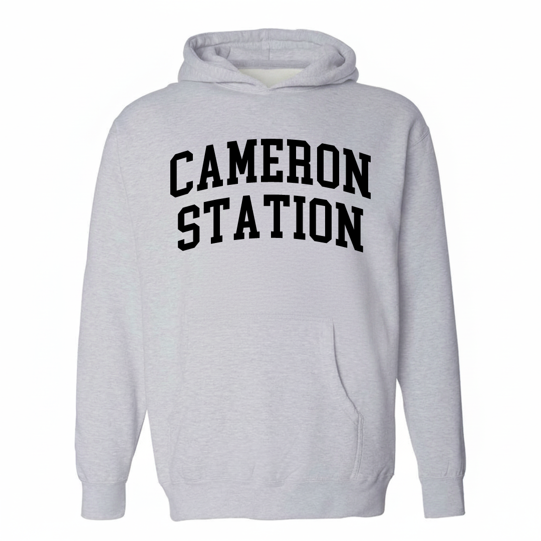 Heather-gray hoodie with the Cameron Station varsity arched lettering design on the chest.