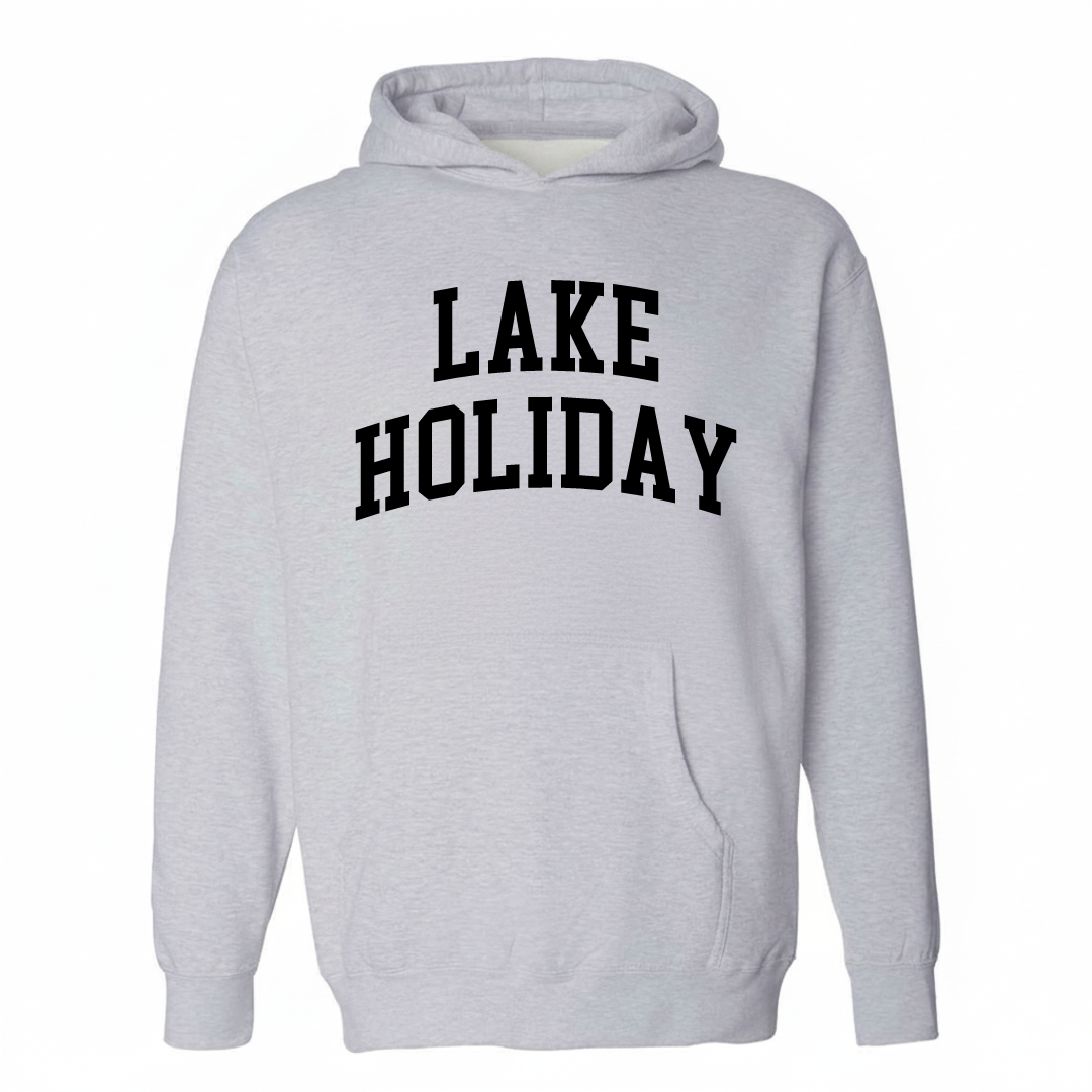Heather-gray hoodie with the Lake Holiday varsity arched lettering design on the chest.