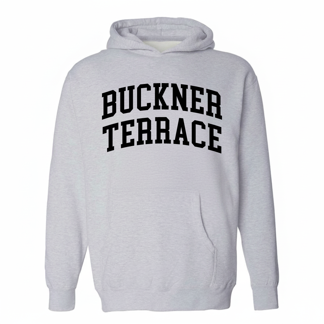 Heather-gray hoodie with the Buckner Terrace varsity arched lettering design on the chest.
