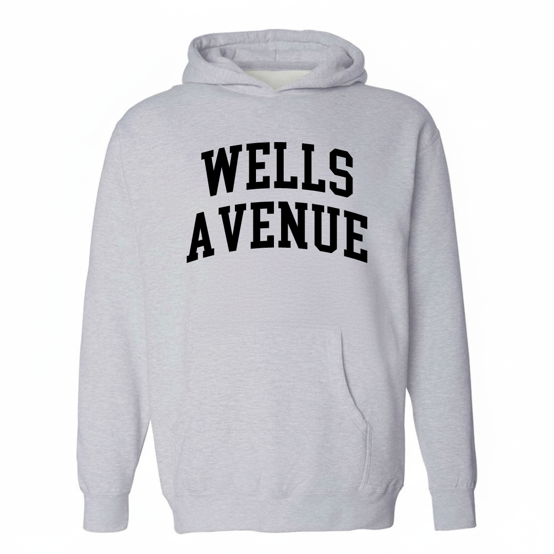 Heather-gray hoodie with the Wells Avenue varsity arched lettering design on the chest.