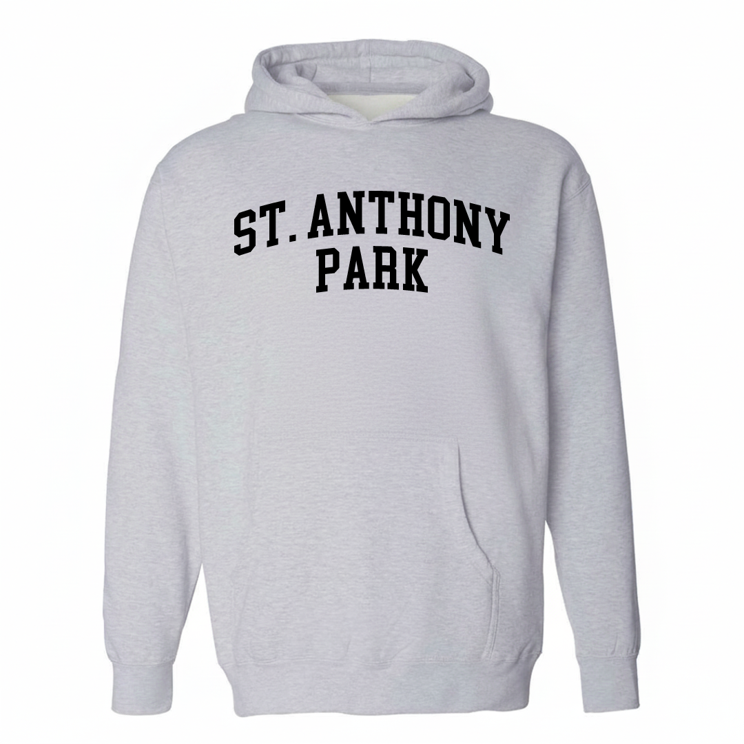Heather-gray hoodie with the St. Anthony Park varsity arched lettering design on the chest.