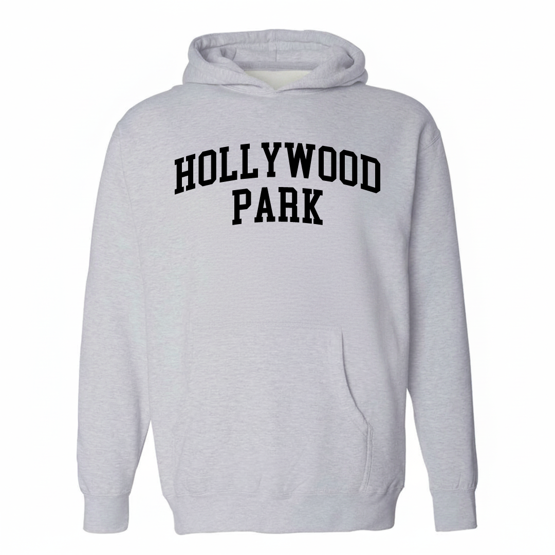 Heather-gray hoodie with the Hollywood Park varsity arched lettering design on the chest.